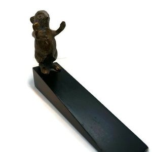 Vintage Brass Mouse Door Stop Stopper Wood Wedge